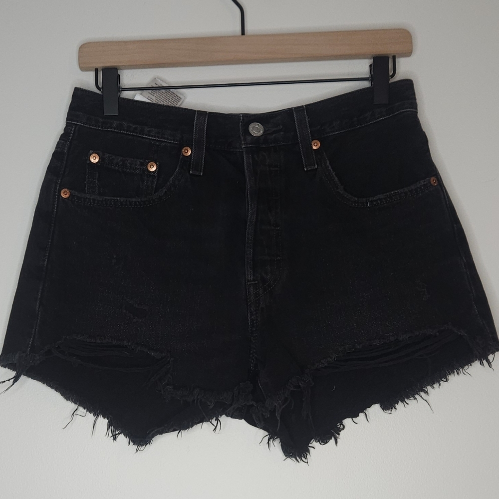 Levis Black 5 Button Fly Distressed Jean Shorts - Picture 3 of 9